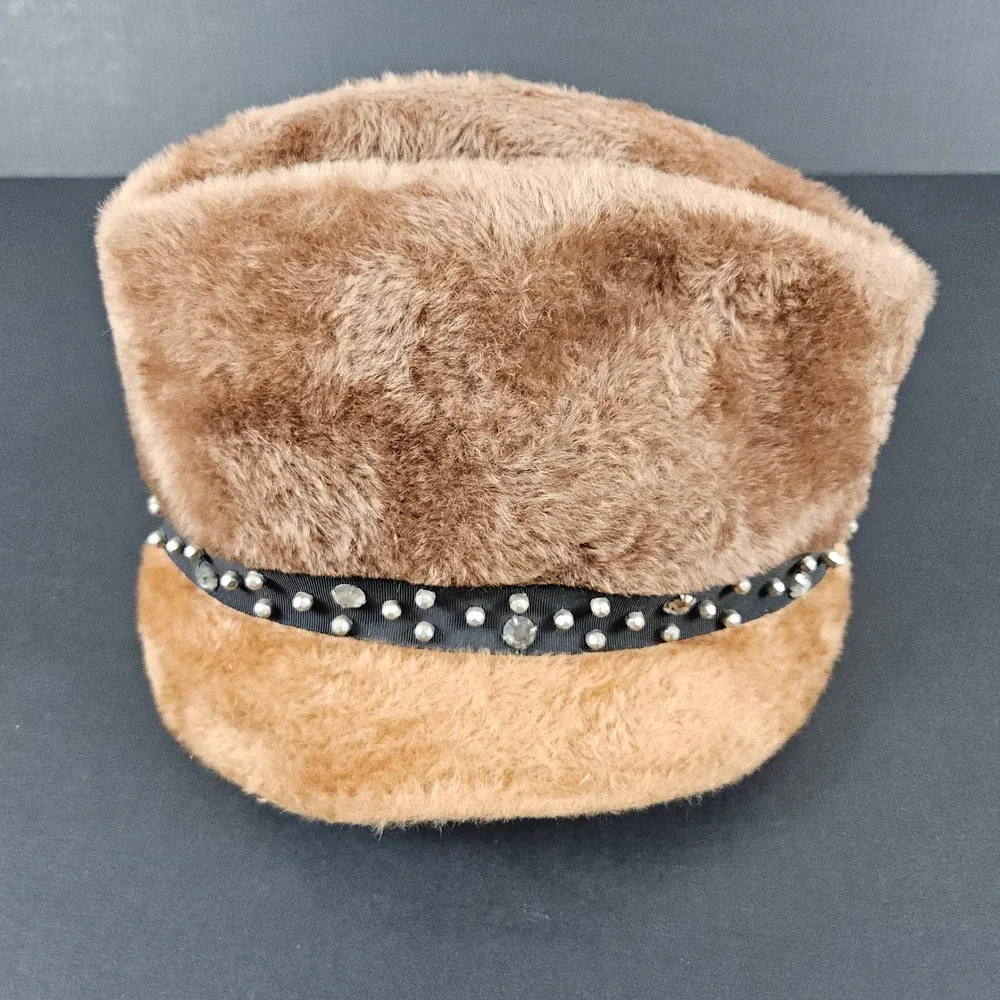 Vintage Lee Bury Dallas Musketeer Faux Fur Pillbox Hat Brown Studded Bow Size 22